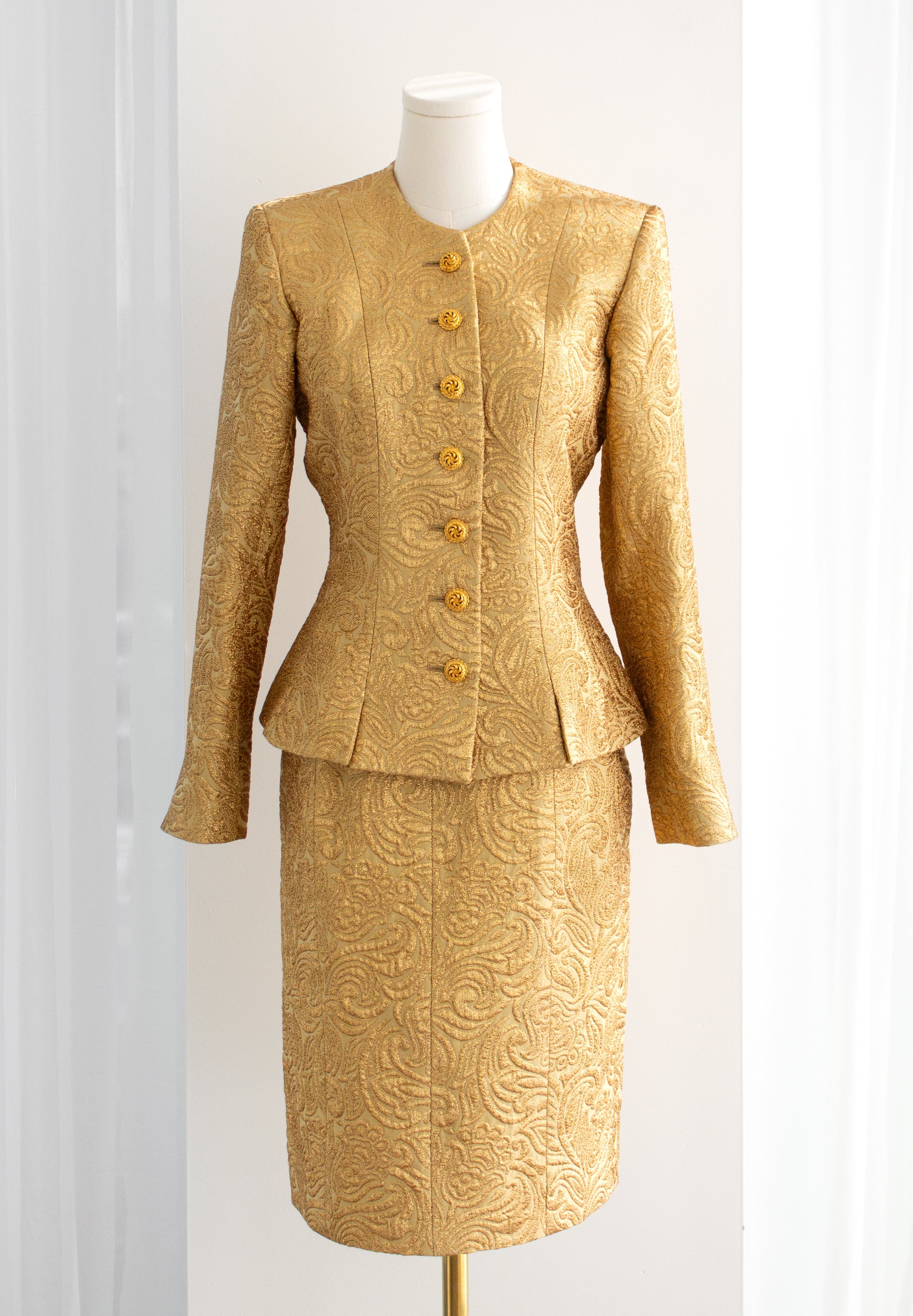 Yves Saint Laurent Rive Gauche Vintage Fall 1991 Gold Brocade Jacket Skirt Suit