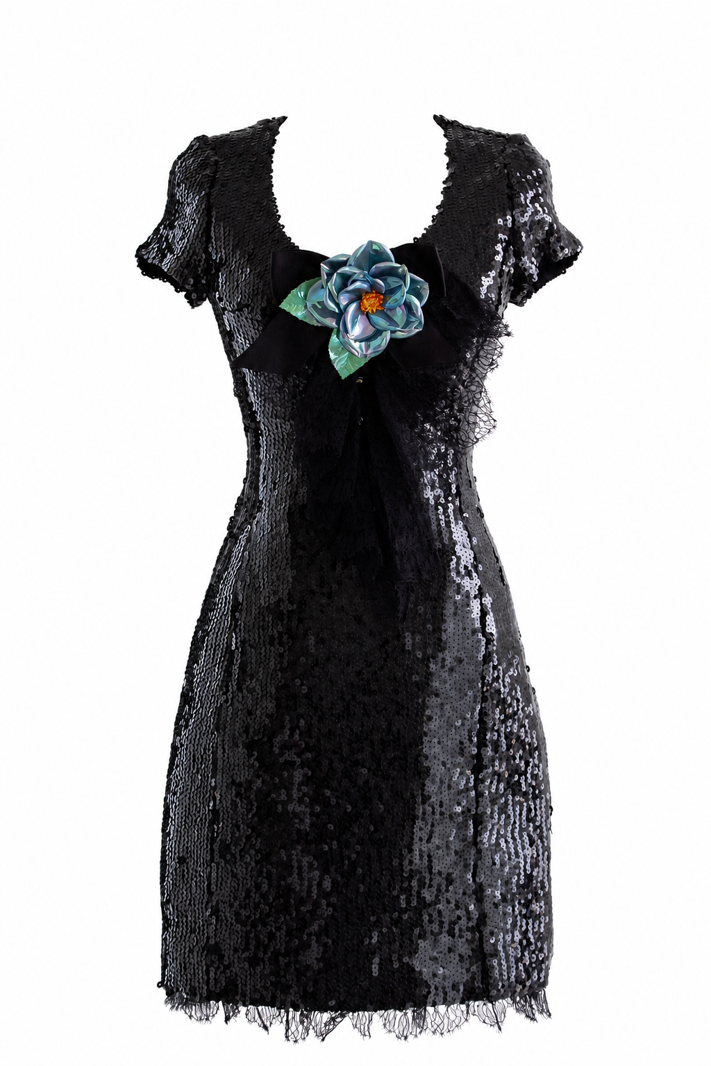 Chanel F/W 1994 Black Sequin Lace Bow Camellia 94A Mini Dress