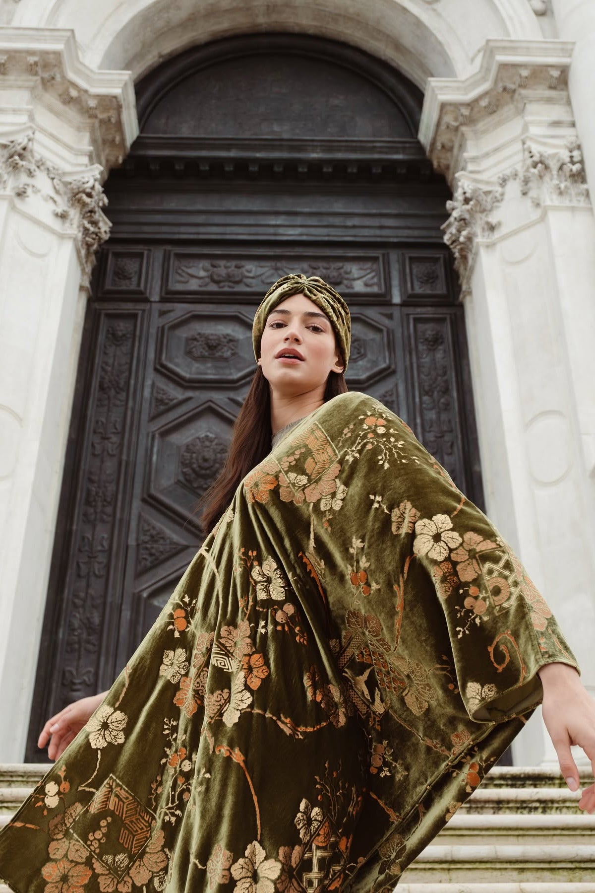 Fortuny Daphne Velvet Kimono Olive Green Coat