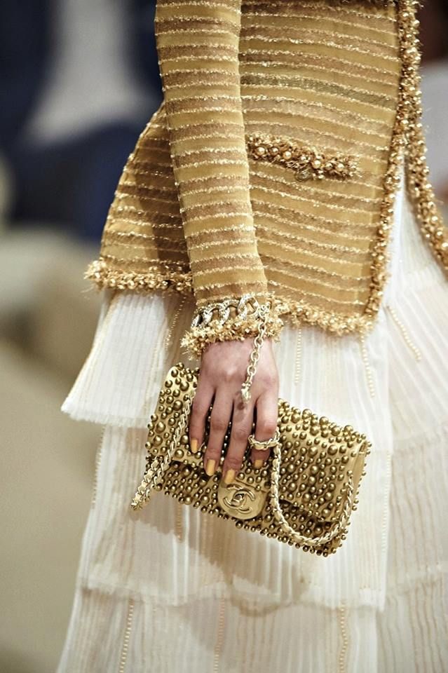 Chanel Cruise 2015 Dubai Gold Pearl-Embellished Lambskin Mini Flap Bag