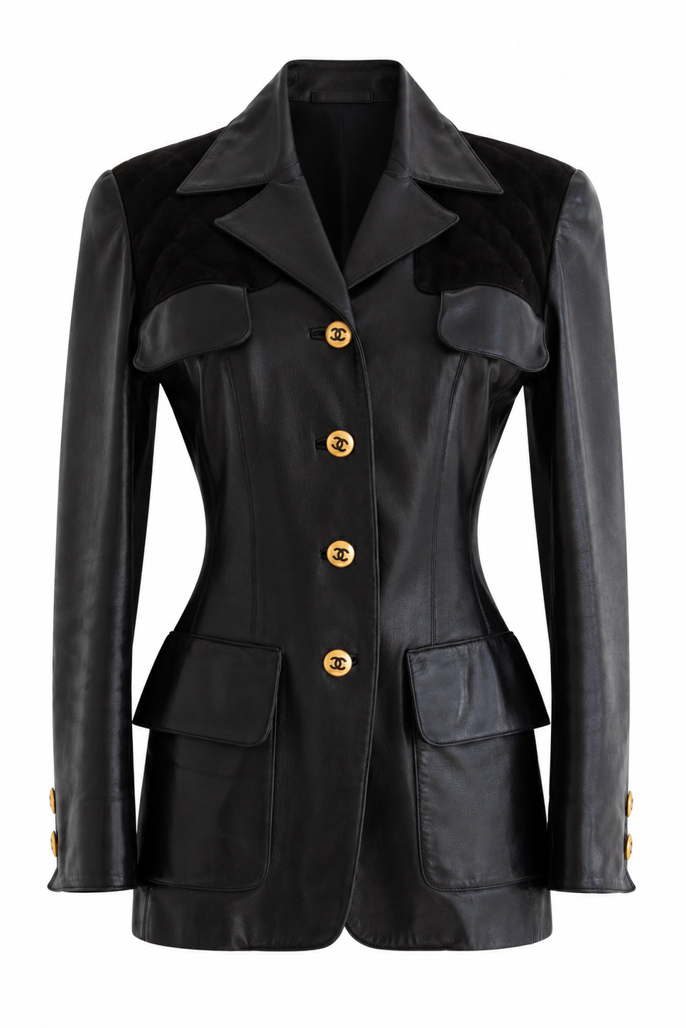 Chanel Vintage Fall/Winter 1992 Black Gold CC Lambskin Leather Suede Jacket