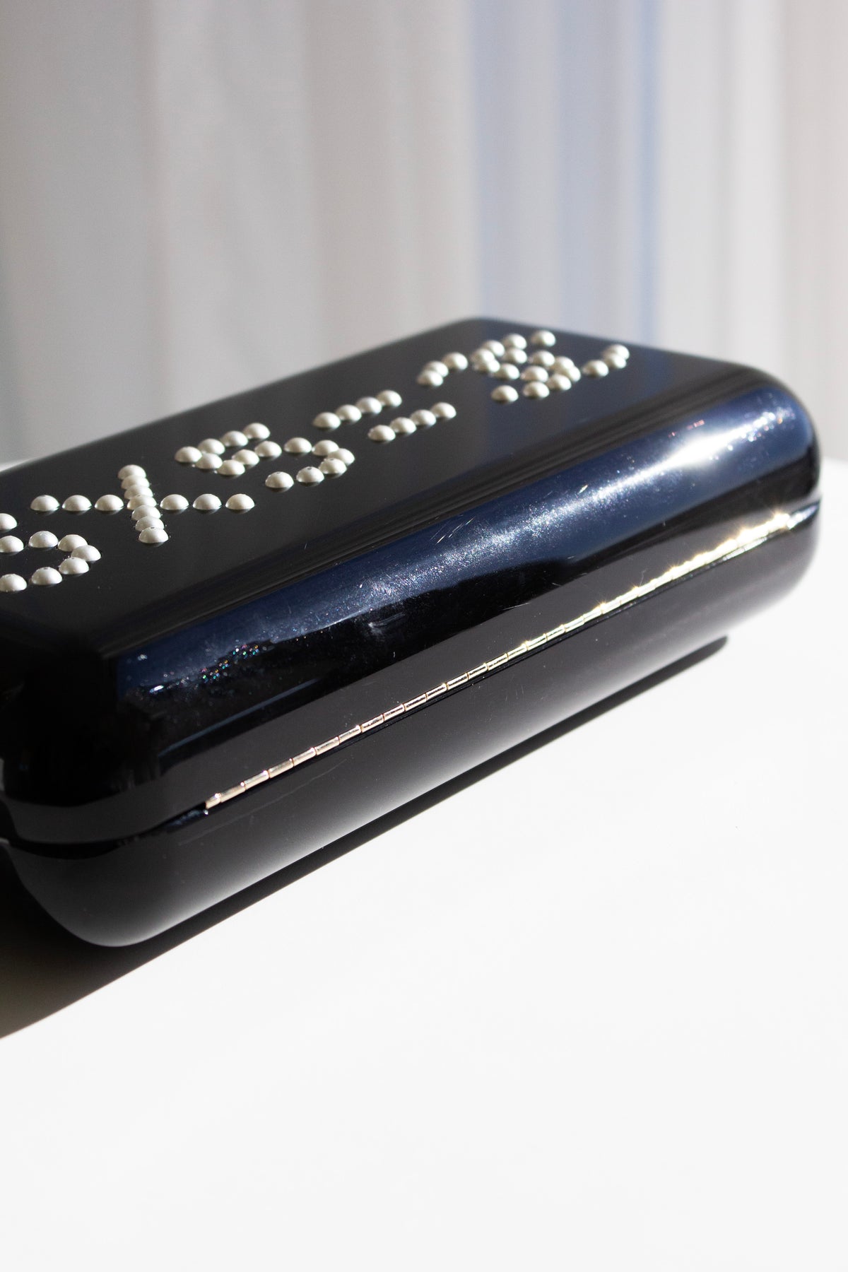 Chanel S/S 2015 Votez Coco Black Plexiglass Pearl Minaudière Clutch Bag