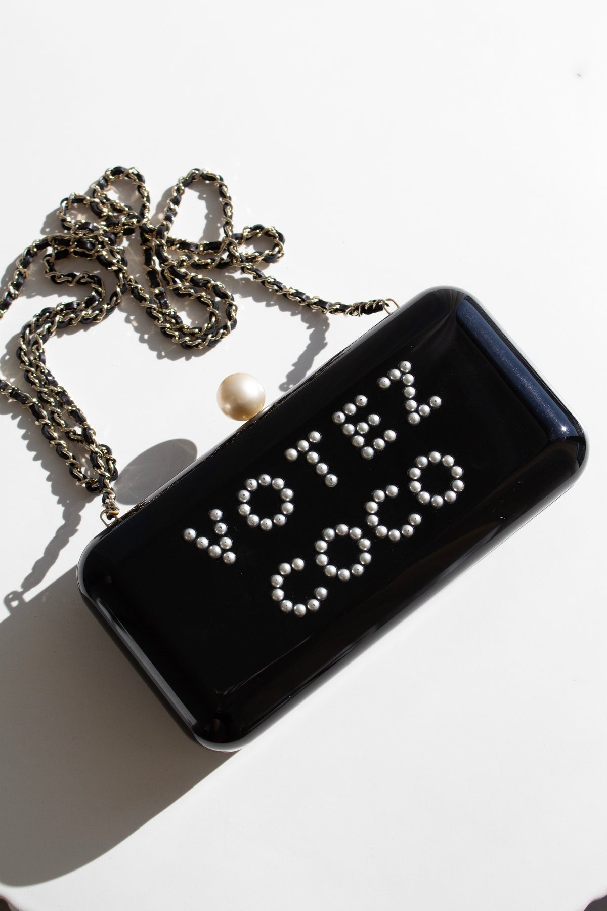 Chanel S/S 2015 Votez Coco Black Plexiglass Pearl Minaudière Clutch Bag