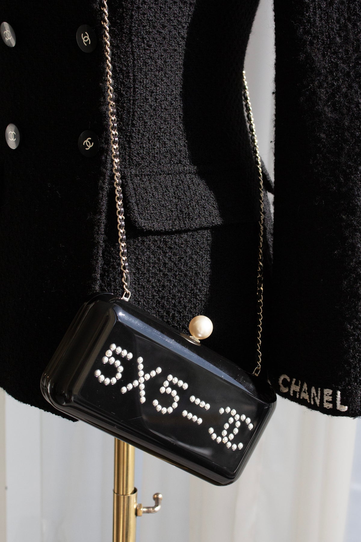 Chanel S/S 2015 Votez Coco Black Plexiglass Pearl Minaudière Clutch Bag