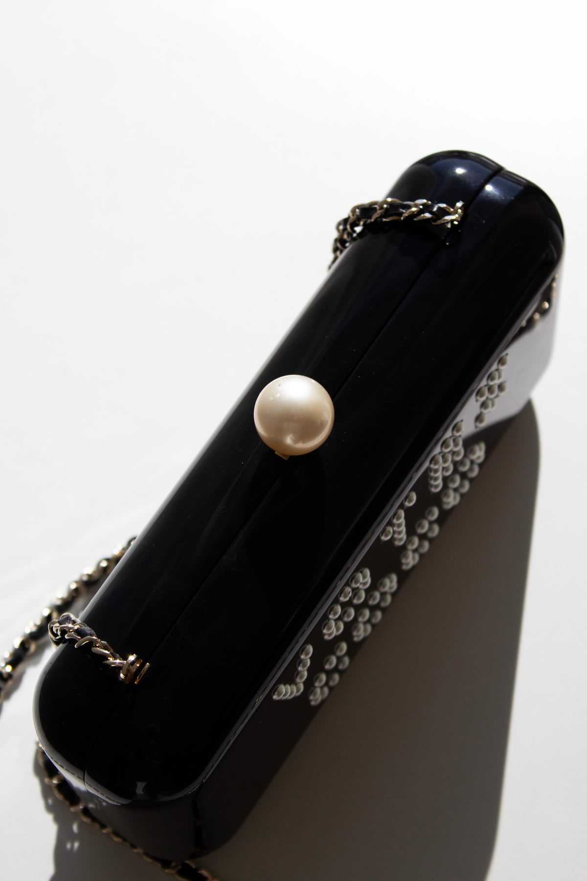 Chanel S/S 2015 Votez Coco Black Plexiglass Pearl Minaudière Clutch Bag