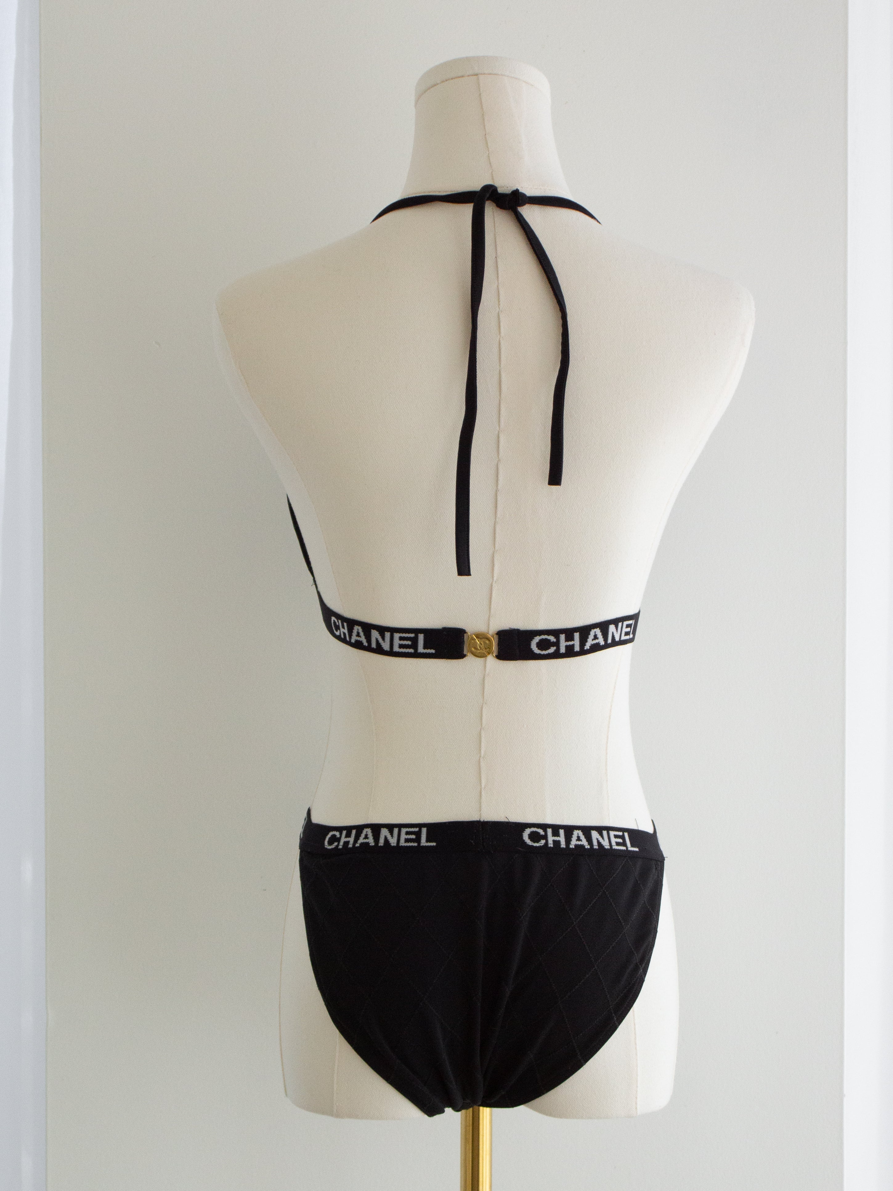 Chanel Vintage Cruise 1994 Quilted Black White Logo 94C Bikini Swimsuit
