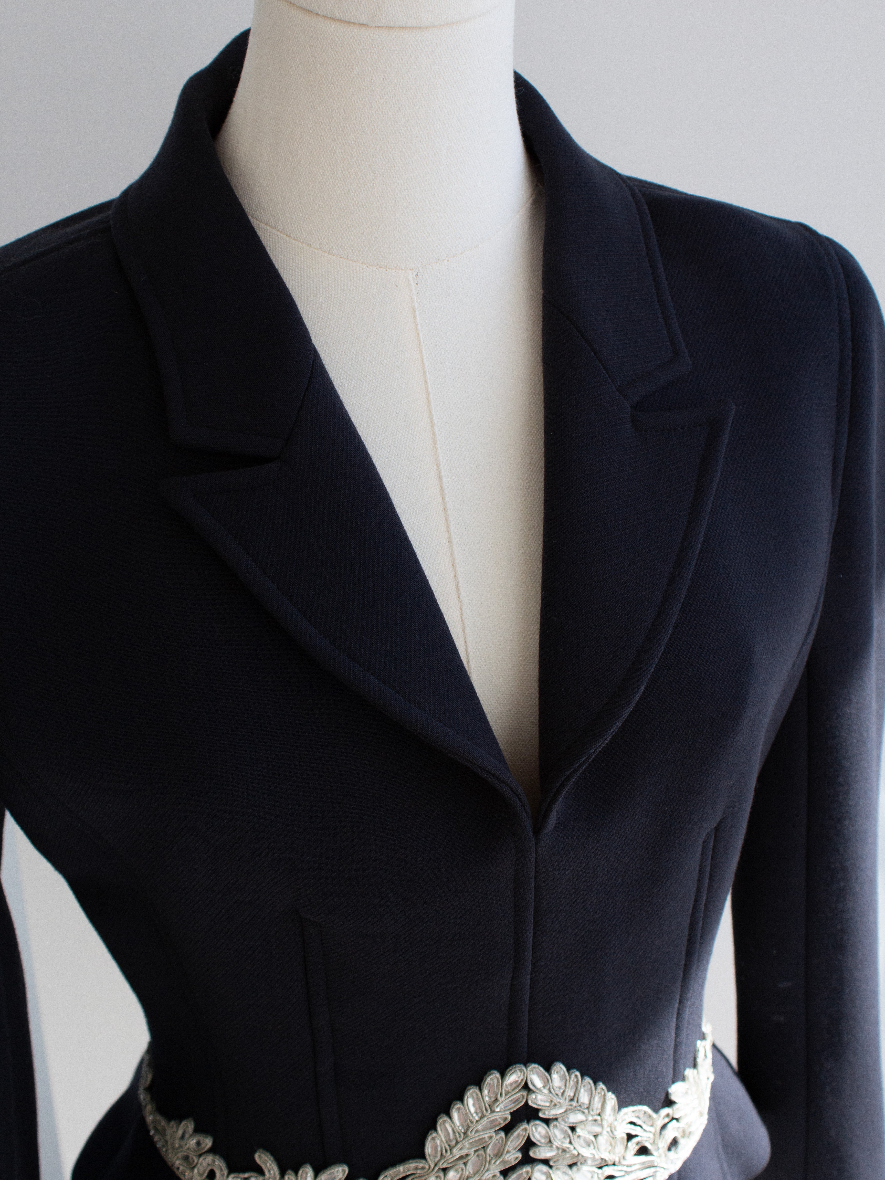 Chanel Vintage Fall 2002 Navy Blue Embellished Silver Crystal 02A Top Jacket