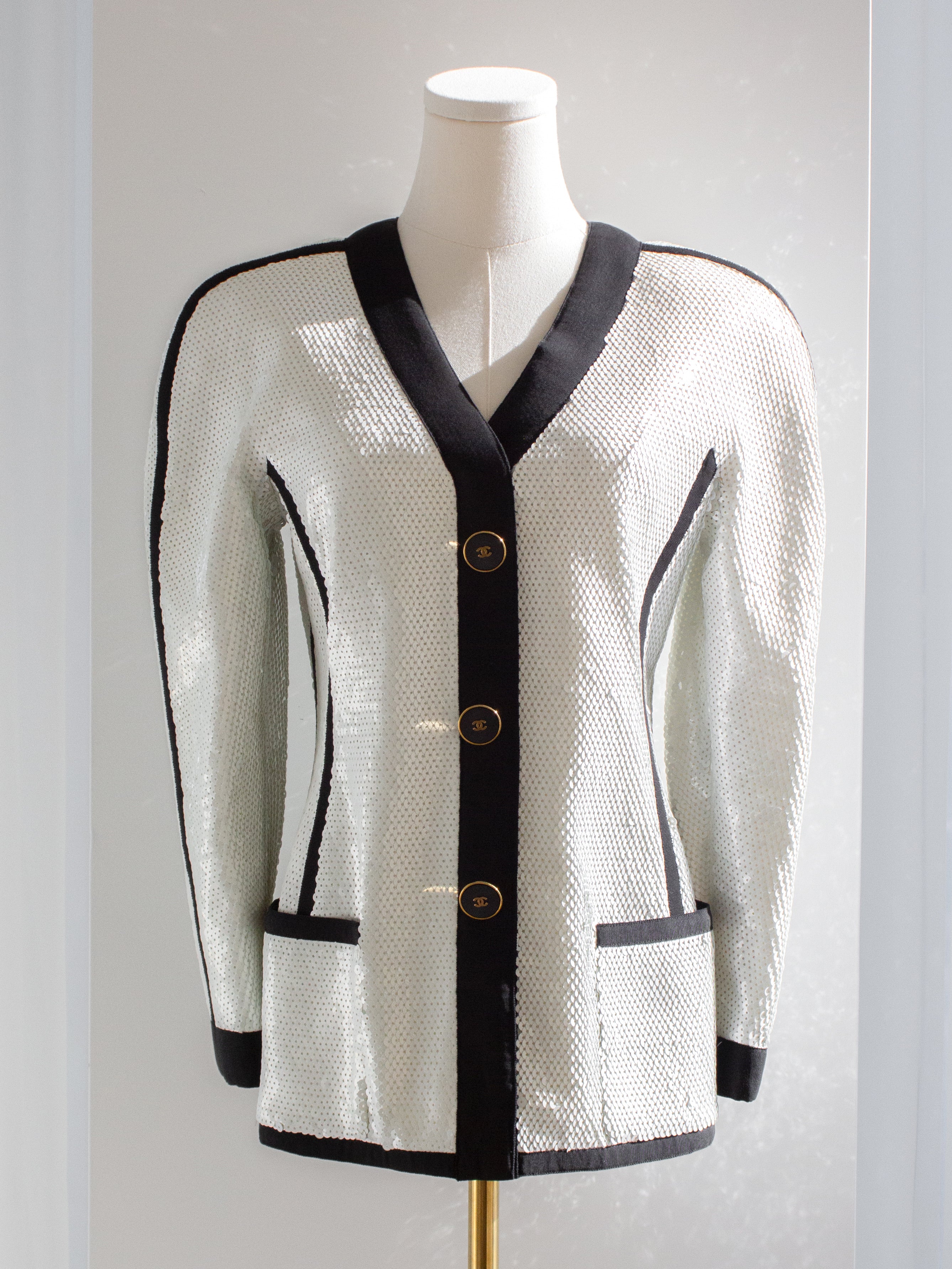 Chanel Vintage S/S 1991 Collector White Black Sequin CC Scuba Jacket