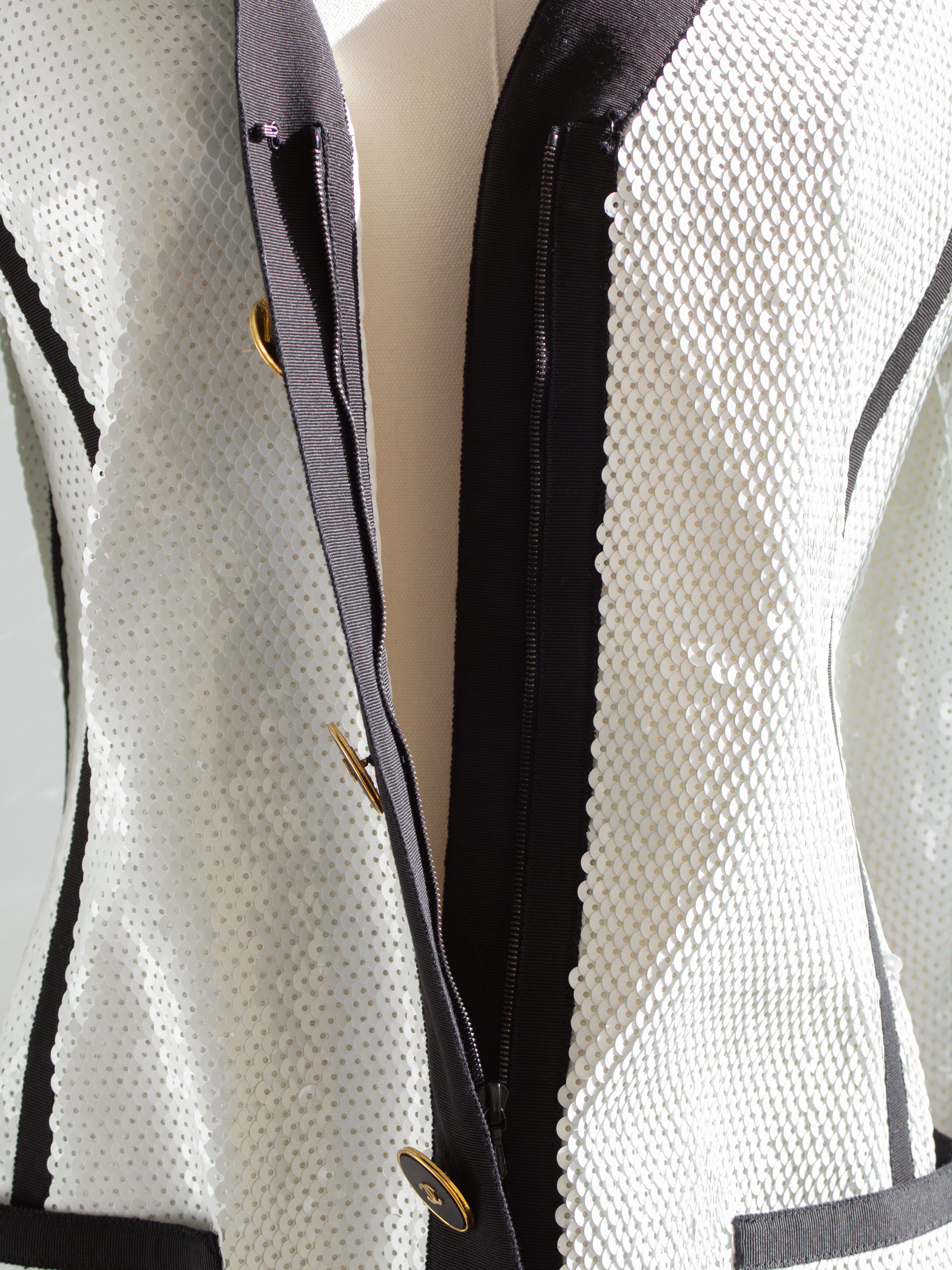 Chanel Vintage S/S 1991 Collector White Black Sequin CC Scuba Jacket