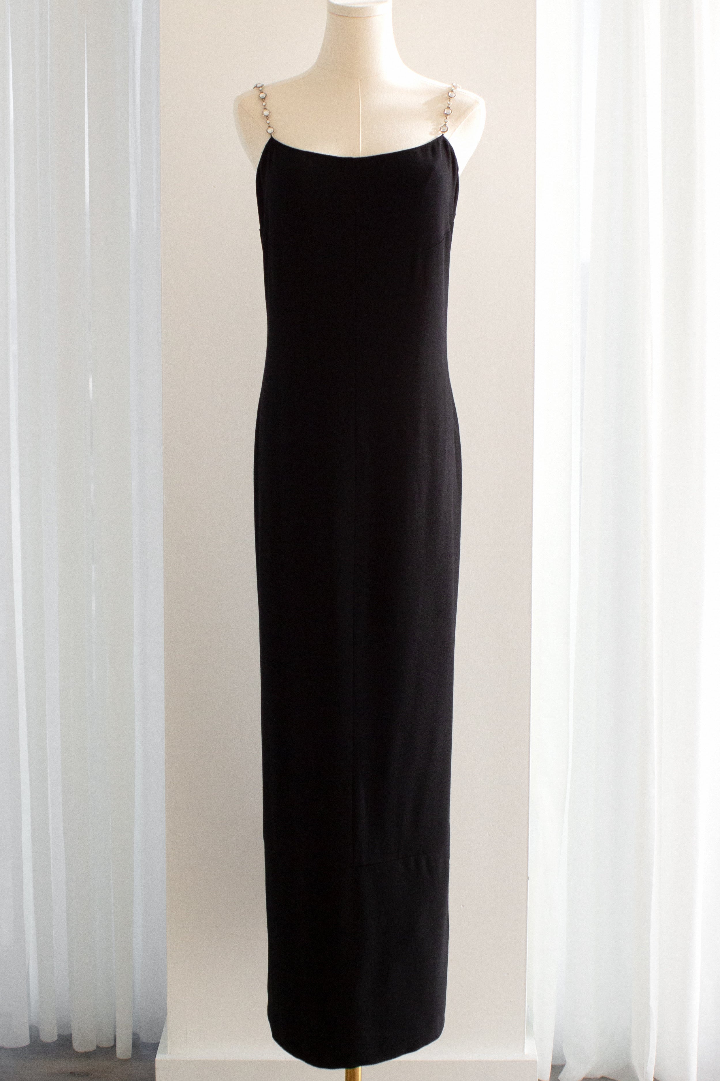 Chanel Vintage S/S 1998 Silver Crystal Chiclet Straps Black 98p Gown Dress
