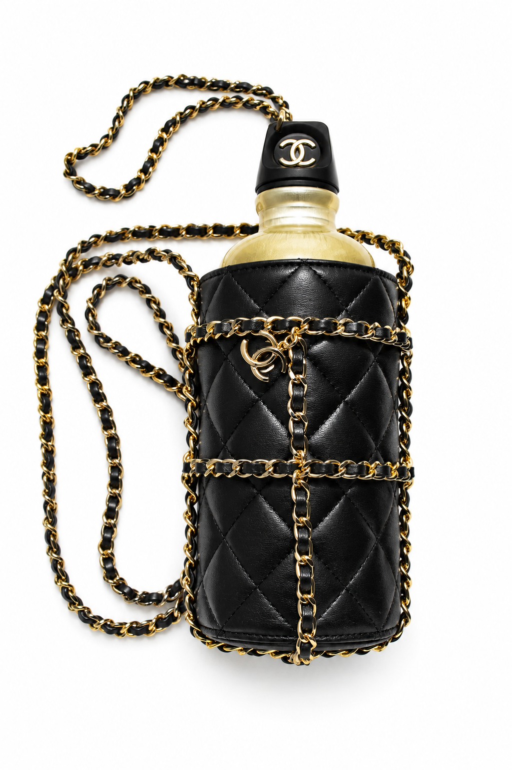 Chanel Cruise 2020 CC To Drink Black Gold Leather Water Bottle Holder