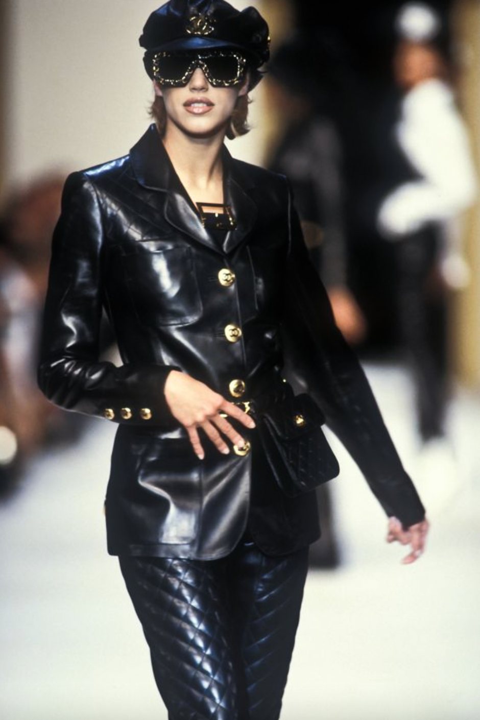 Chanel Vintage Fall/Winter 1992 Black Gold CC Lambskin Leather Suede Jacket