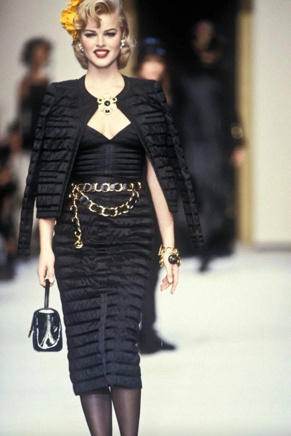 Chanel Vintage Fall/Winter 1992 Black Lesage Ribbon Silk Bodycon Midi Dress