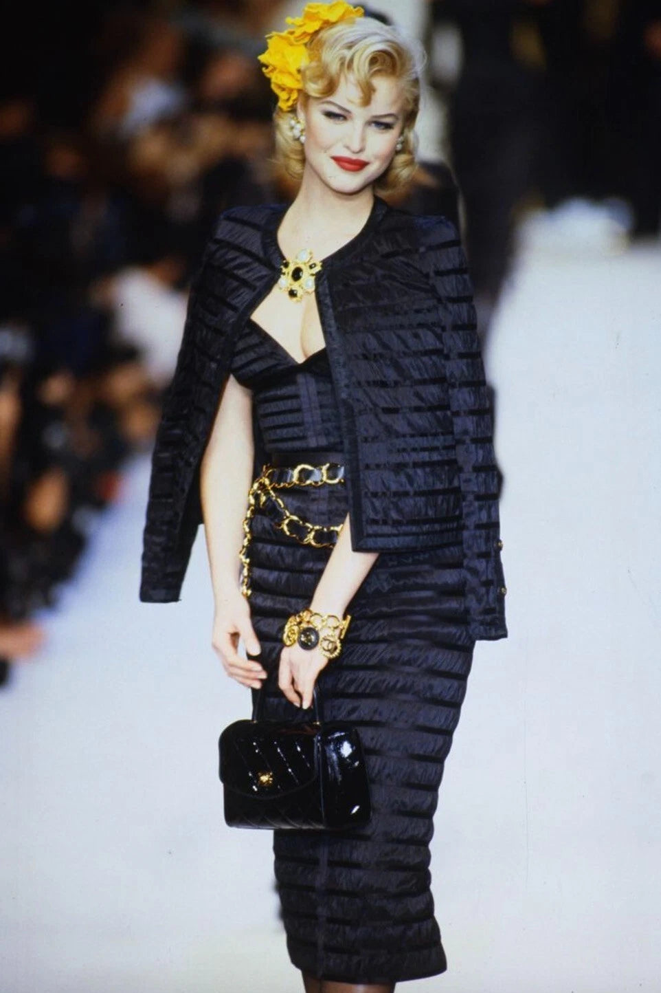 Chanel Vintage Fall/Winter 1992 Black Lesage Ribbon Silk Bodycon Midi Dress
