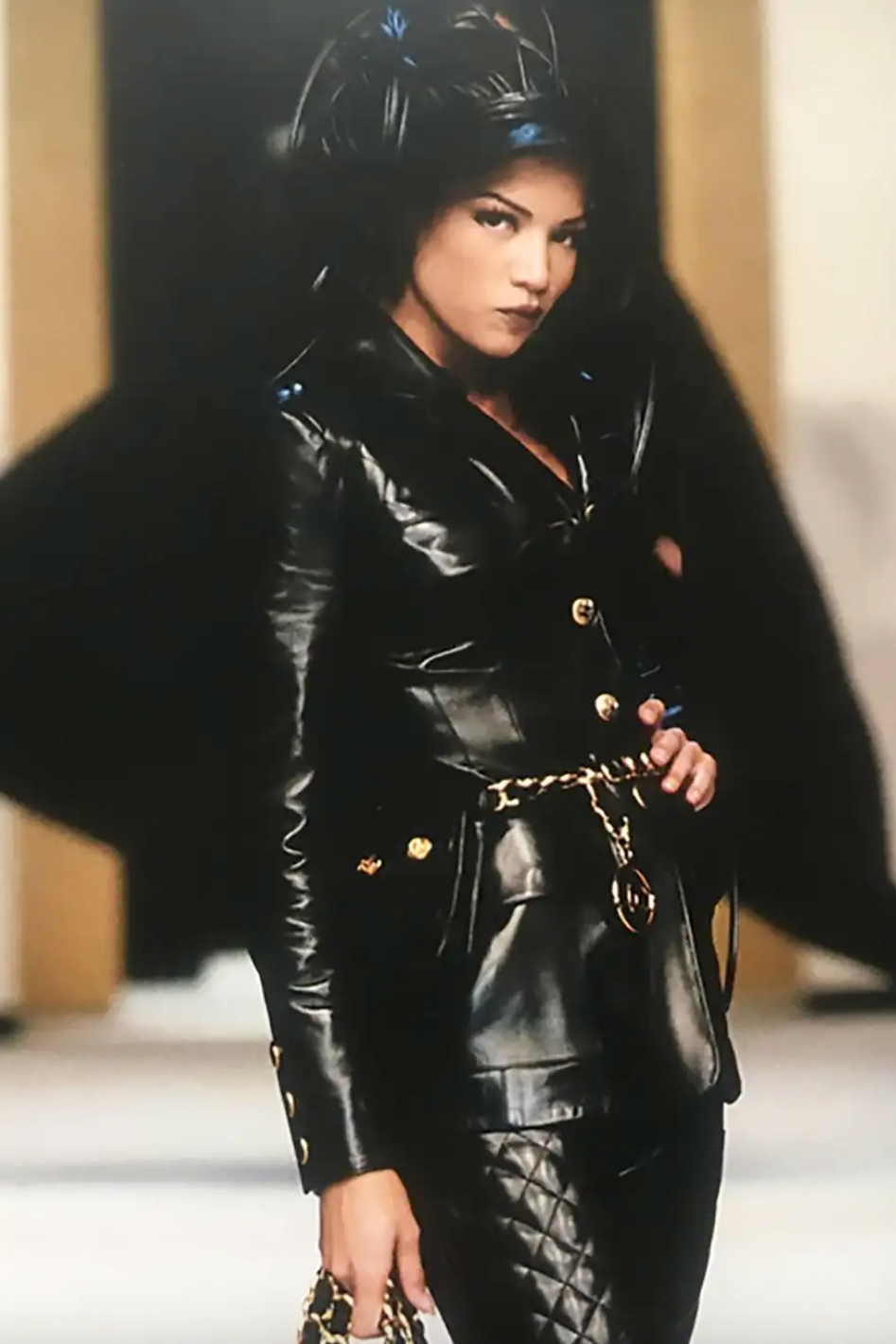 Chanel Vintage Fall/Winter 1992 Black Gold CC Lambskin Leather Suede Jacket