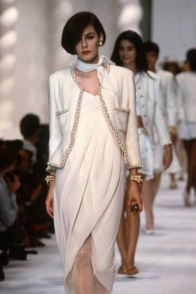 Chanel S/S 1990 Vintage Bridal Pearl Embellished Pleated Ivory Dress Gown