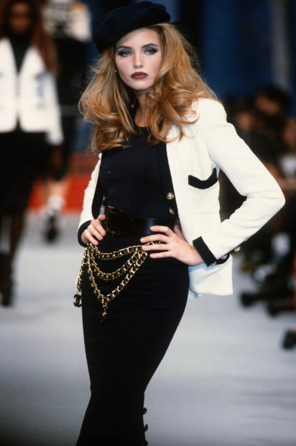 Chanel Vintage S/S 1992 Runway Cream Navy Lucite Gold Camellia Wool Jacket