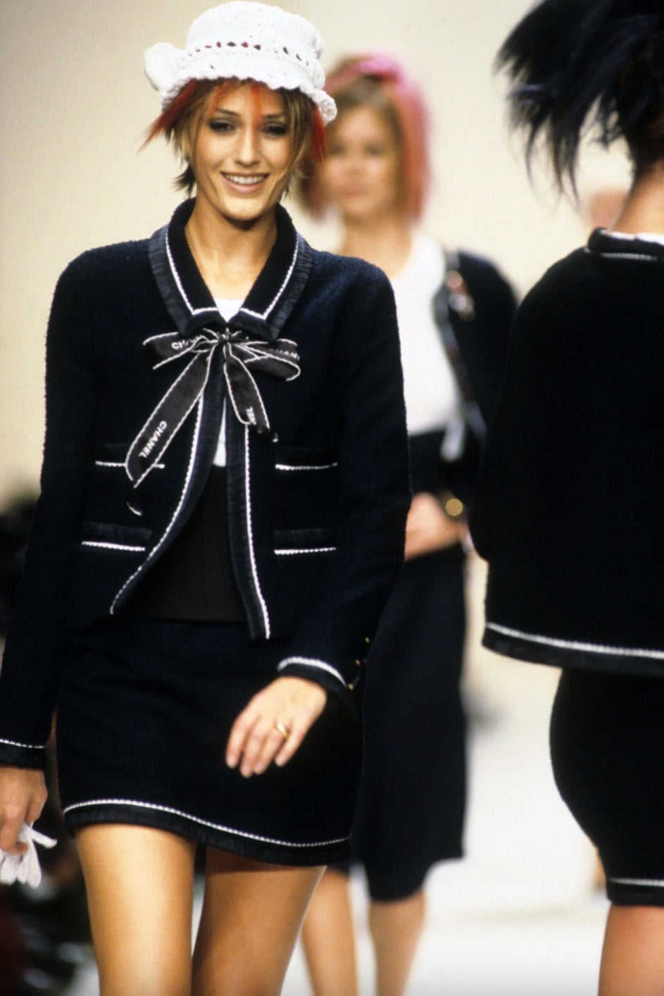 Chanel Vintage S/S1994 Black Navy Blue Logo Bow 94P Jacket Skirt Suit