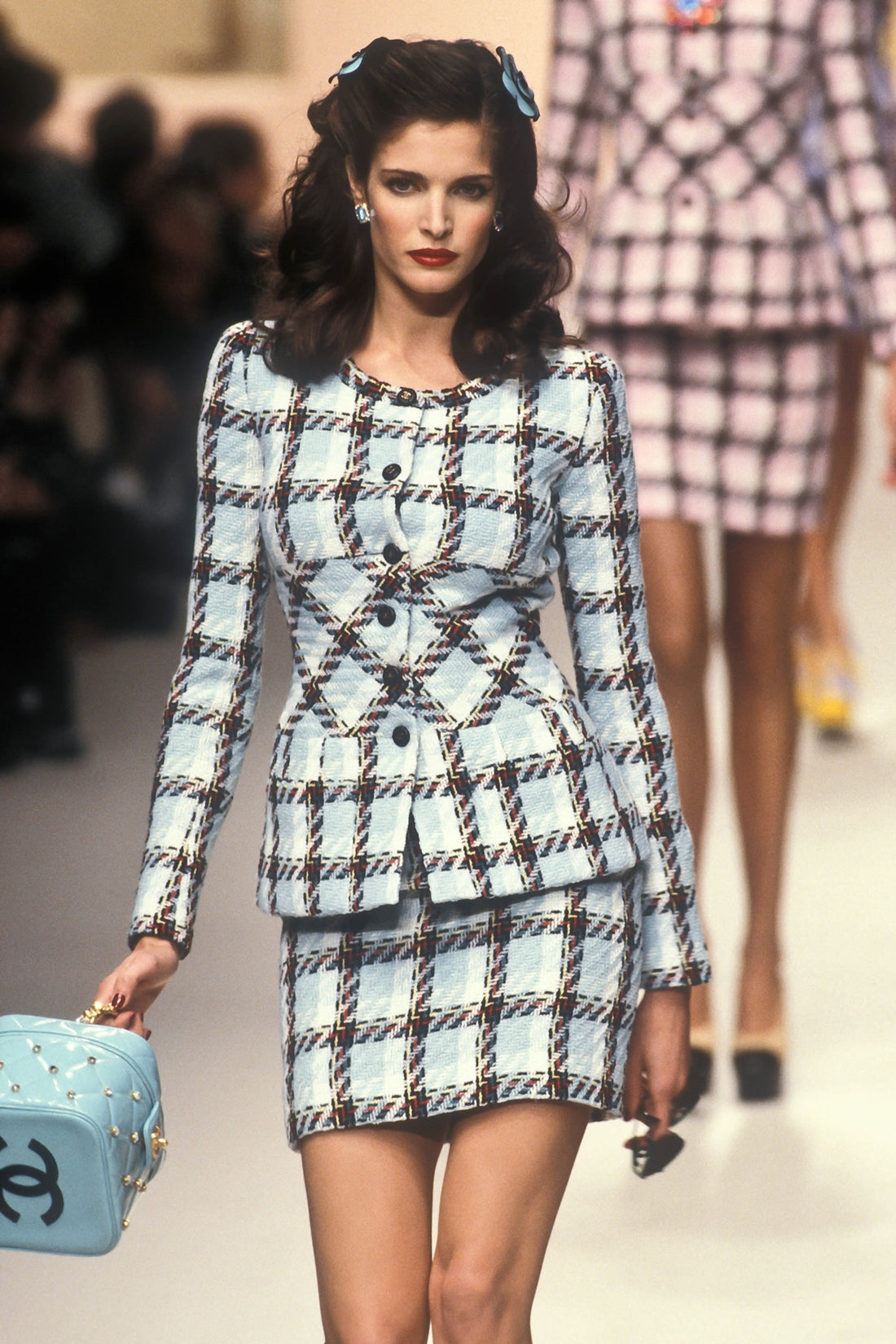 Chanel Vintage S/S 1995 Blue Multicolor Plaid Barbie 95P Tweed Jacket Suit
