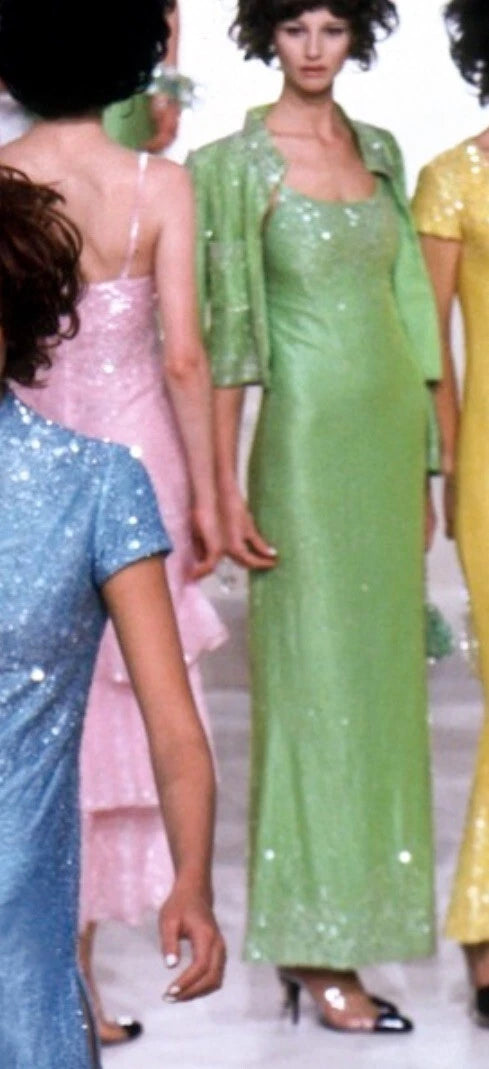Chanel Vintage S/S 1997 Green Sequin Embellished Velvet Dress Gown Jacket 97P Set