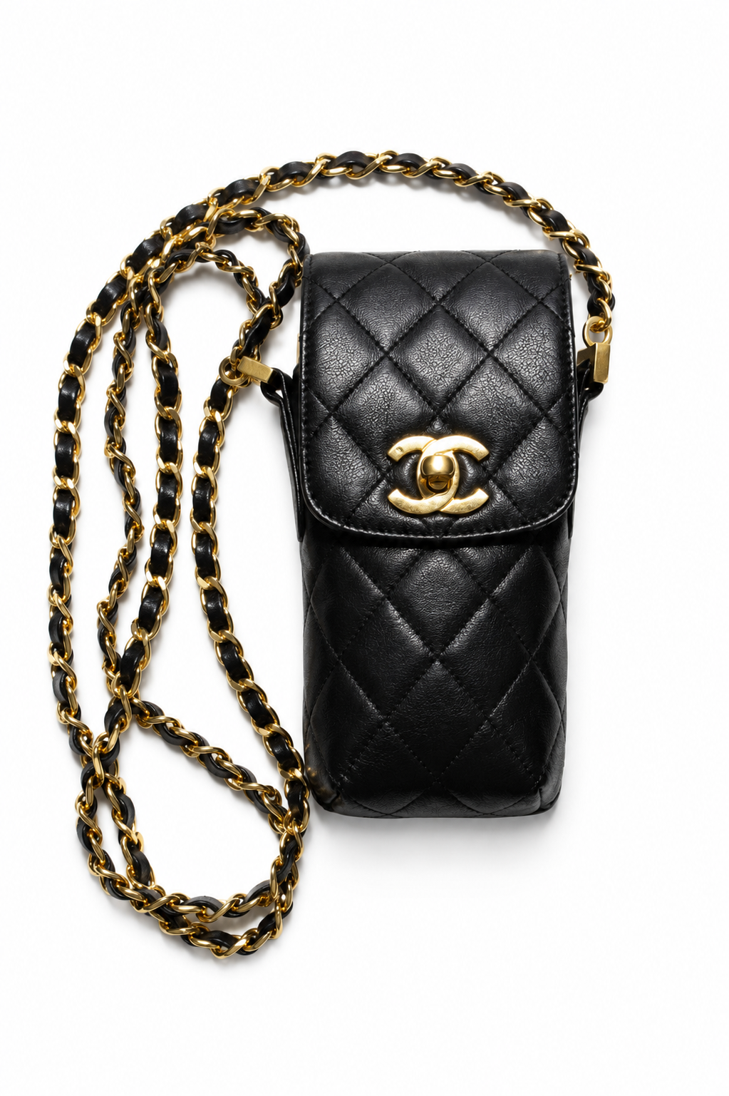 Chanel Vintage 1996 Black Lambskin Leather 24K Gold CC Turnlock 90s Phone Holder