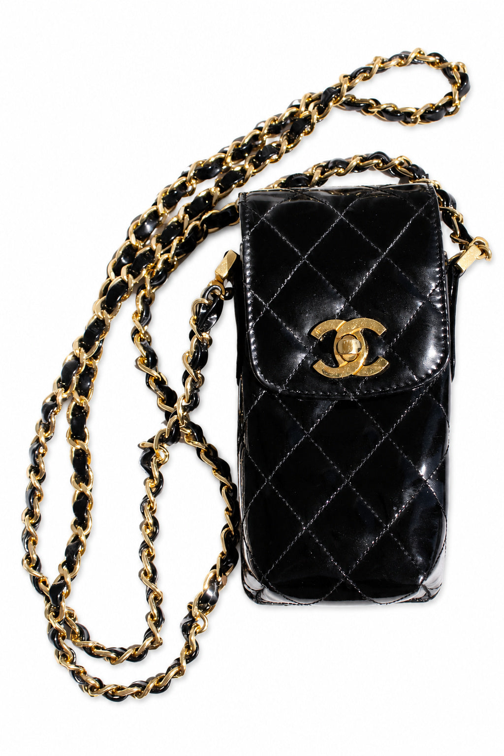 Chanel Vintage 1996 Black Patent Leather Gold CC Turnlock 90s Phone Holder