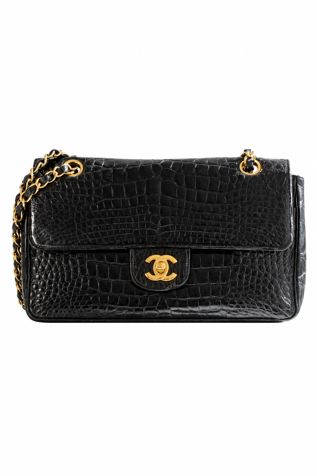 Chanel Vintage Black Alligator Leather 24K Gold-Plated Medium Classic Flap Bag