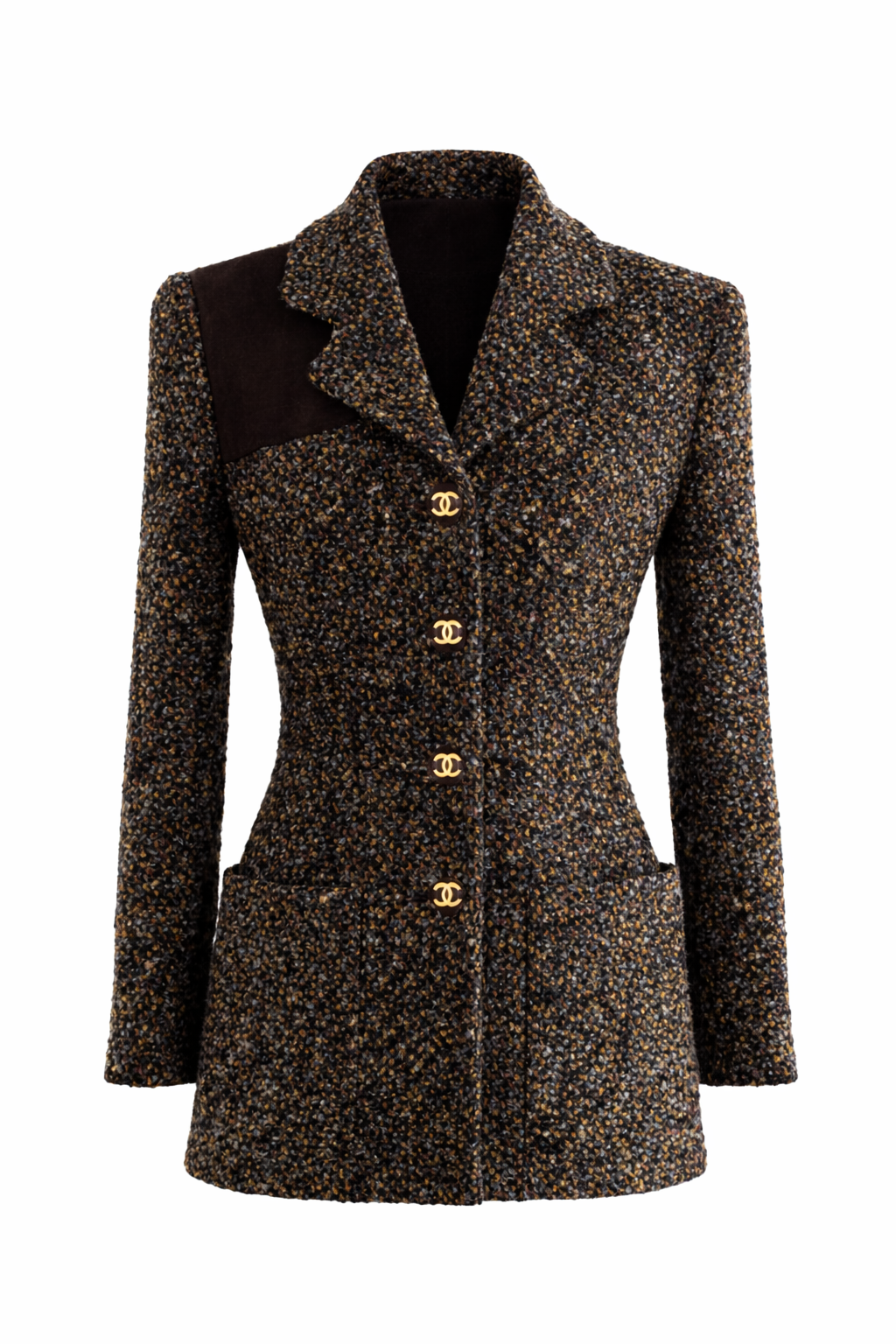 Chanel Vintage F/W 1992 English Tweed Suede Grey Brown CC Gold Runway Jacket