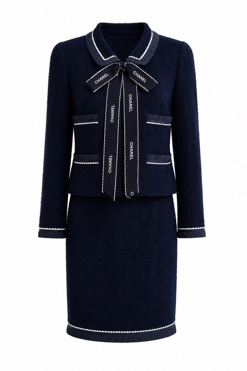 Chanel Vintage S/S1994  Navy Blue Logo Bow 94P Jacket Skirt Suit