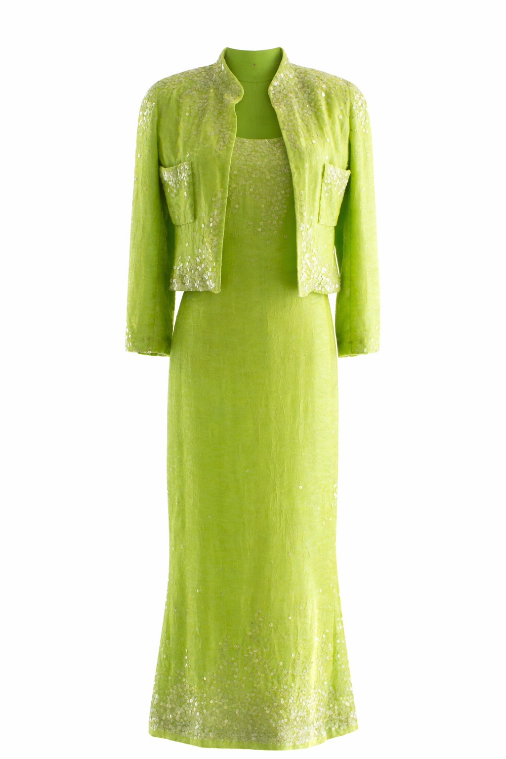 Chanel Vintage S/S 1997 Green Sequin Embellished Velvet Dress Gown Jacket 97P Set