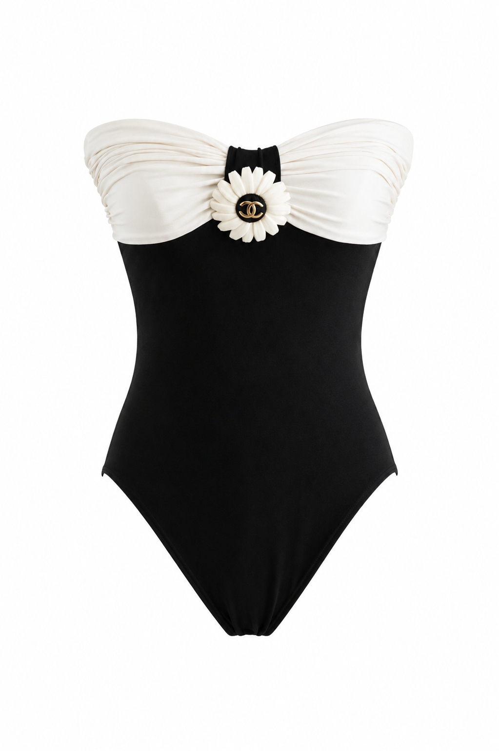 Chanel Vintage S/S 1990 Black White Flower Bodysuit Onepiece Swimsuit