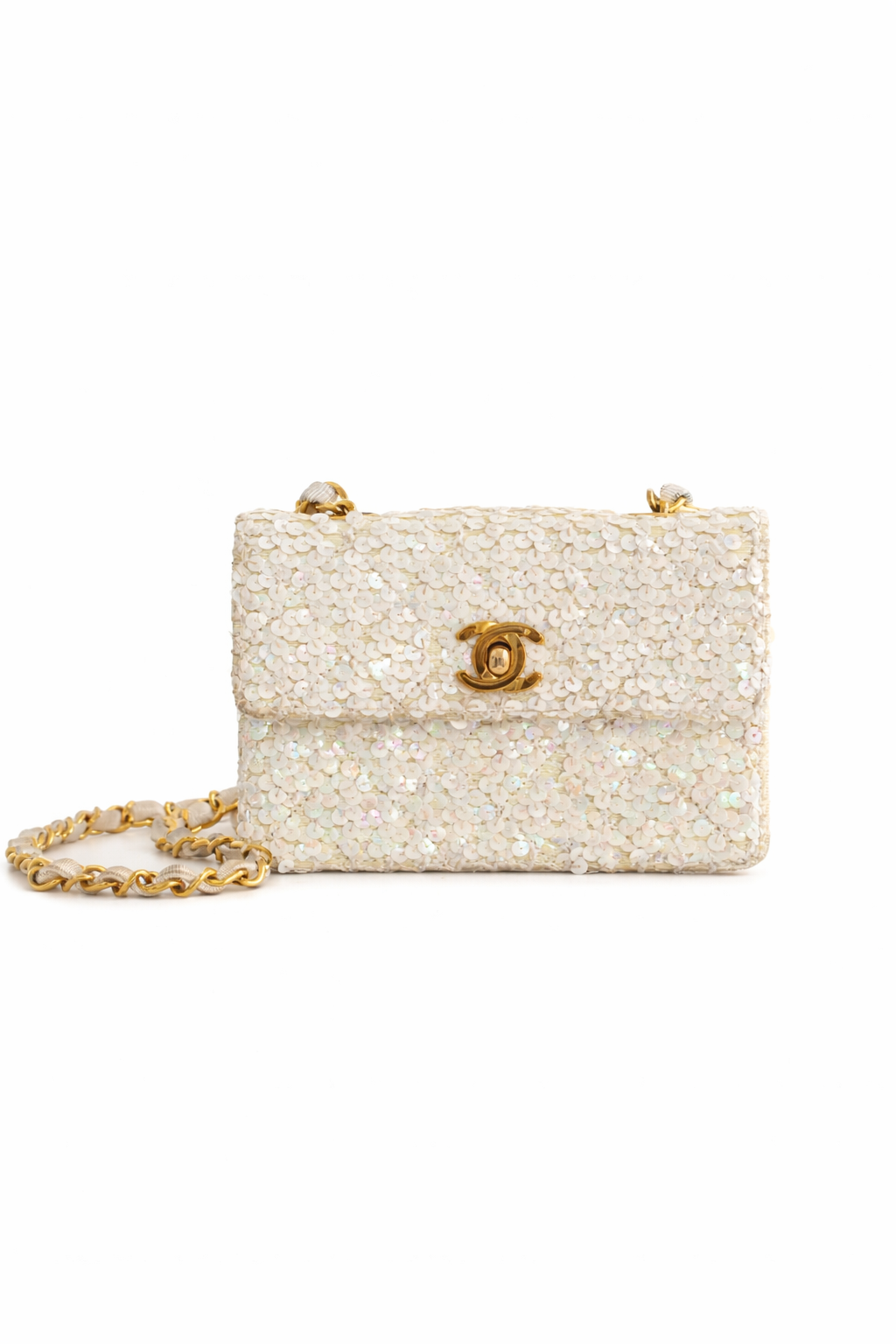 Chanel Vintage S/S 1991 Iridescent White 24K Gold Sequin Micro Mini Flap Bag