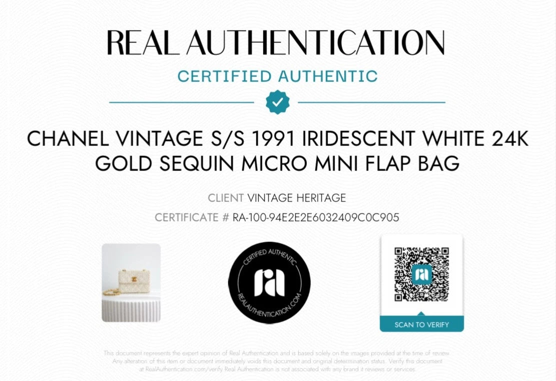 Chanel Vintage S/S 1991 Iridescent White 24K Gold Sequin Micro Mini Flap Bag