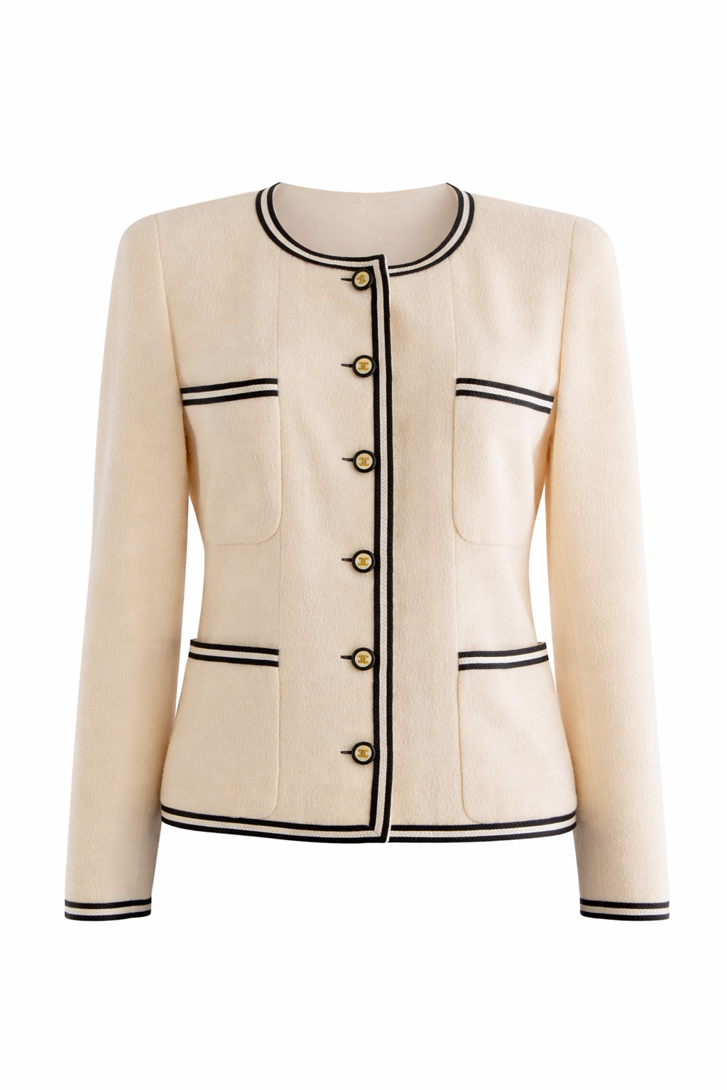 Chanel Vintage S/S 1995 Barbie Ivory Ecru Black Tweed Braided CC 95P Jacket