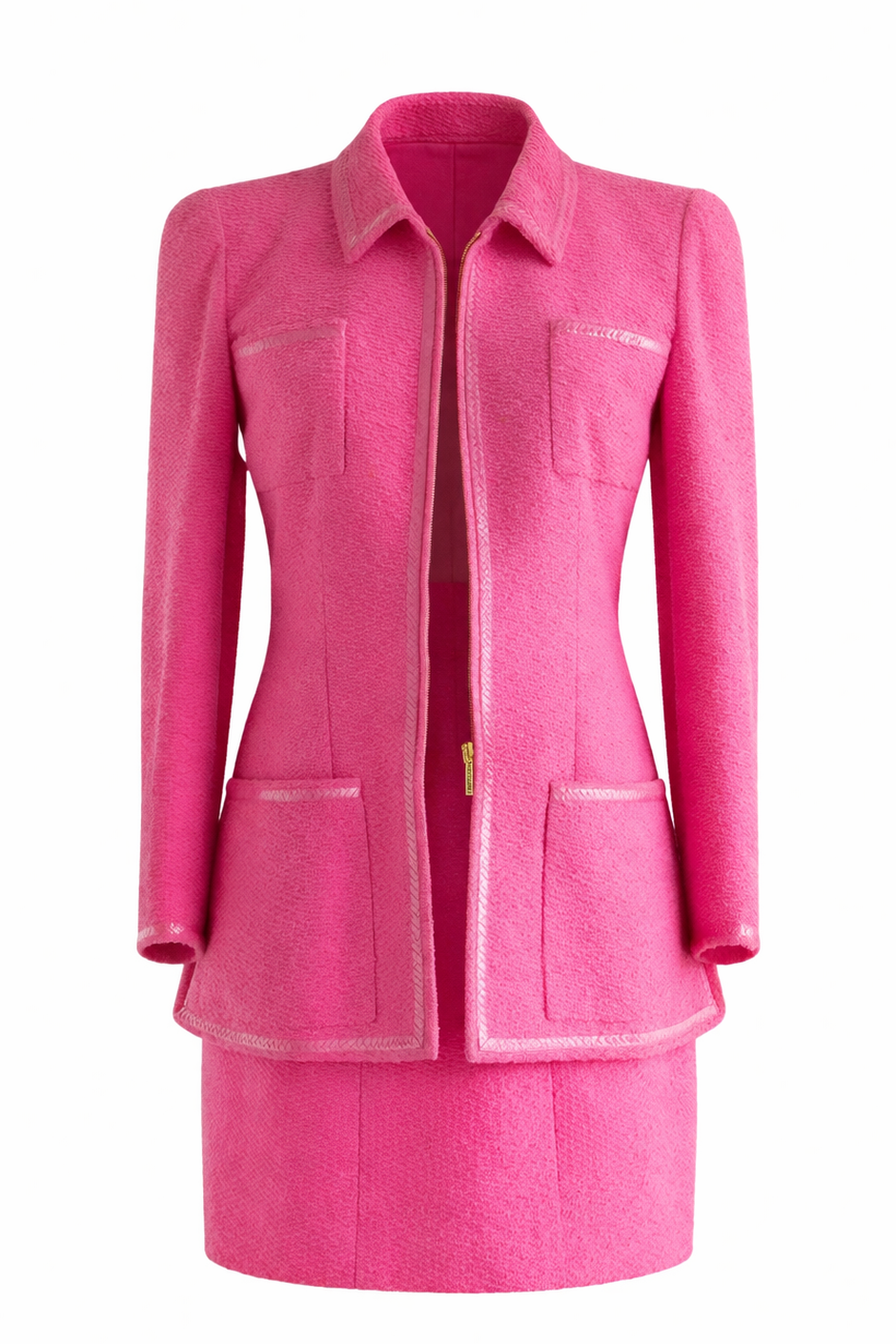 Chanel Vintage S/S 1995 “Barbie” Pink Tweed Gold Zip 95P Jacket & Skirt Set