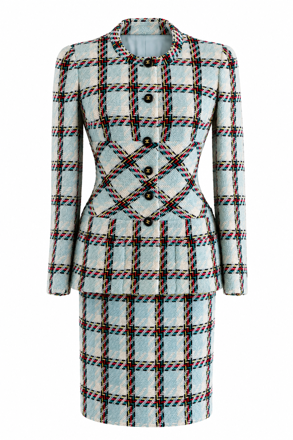Chanel Vintage S/S 1995 Blue Multicolor Plaid Barbie 95P Tweed Jacket Suit