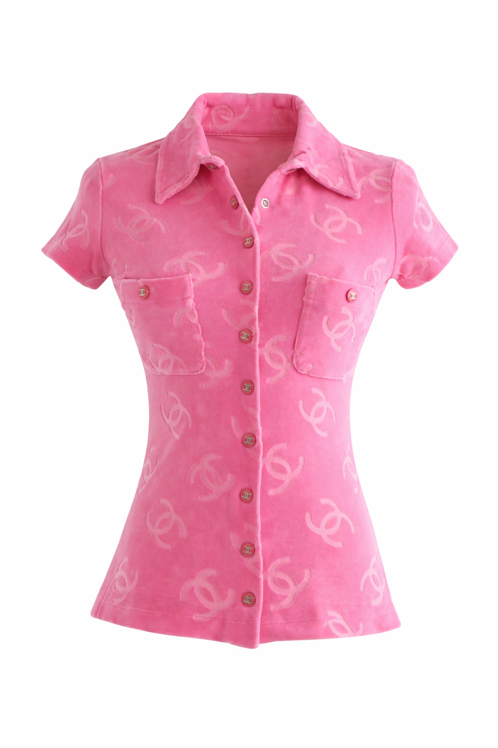 Chanel Vintage S/S 1996 Pink Velour CC Logo Button 96P Top