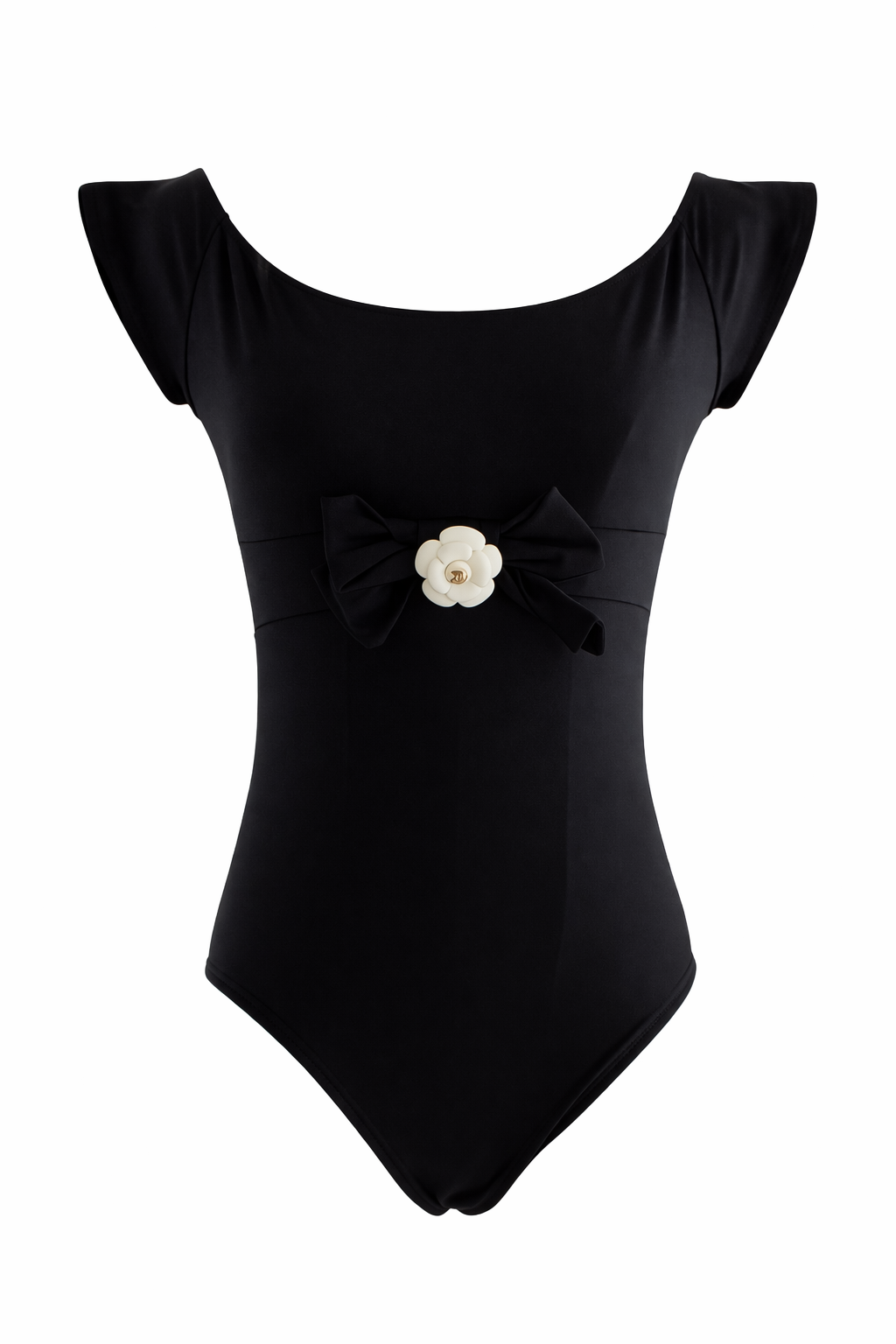 Chanel Vintage Spring/Summer 1990 Black White Camellia Flower Bow Onepiece Bodysuit Swimsuit