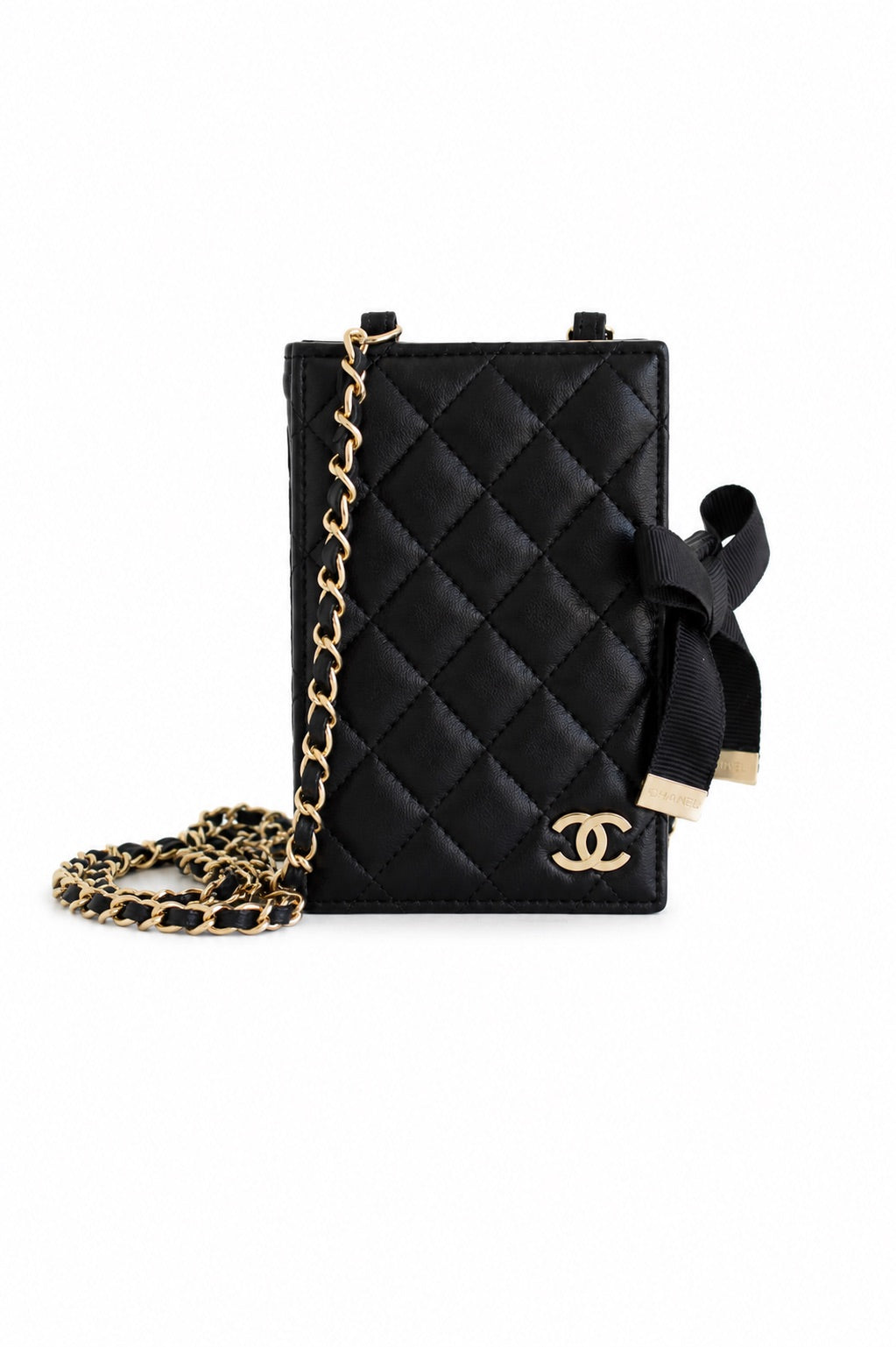 Chanel 2022 Black Lambskin Book Gold Chain 22B Cardholder