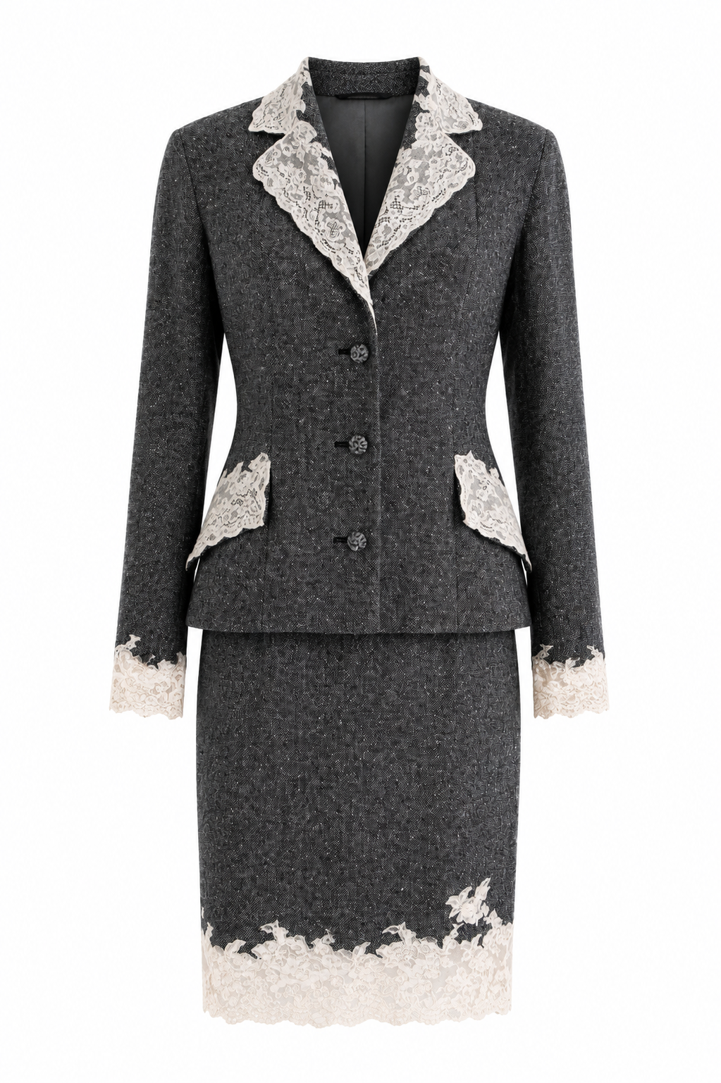 Christian Dior by John Galliano F/W 1998 Grey Tweed Calais Lace Jacket Skirt Suit