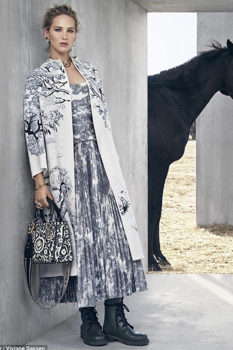 Christian Dior S/S 2019 Grey Toile De Jouy Print Corset Pleated Dress