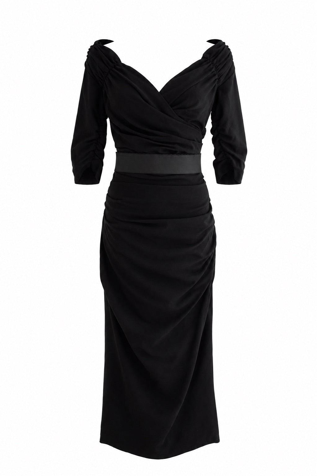 Dolce & Gabbana F/W 2017 Black Wool Ruched Midi Belted Dress