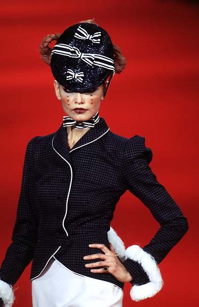 Givenchy Couture by John Galliano S/S 1997 Navy White Dotted Jacket & Skirt Suit