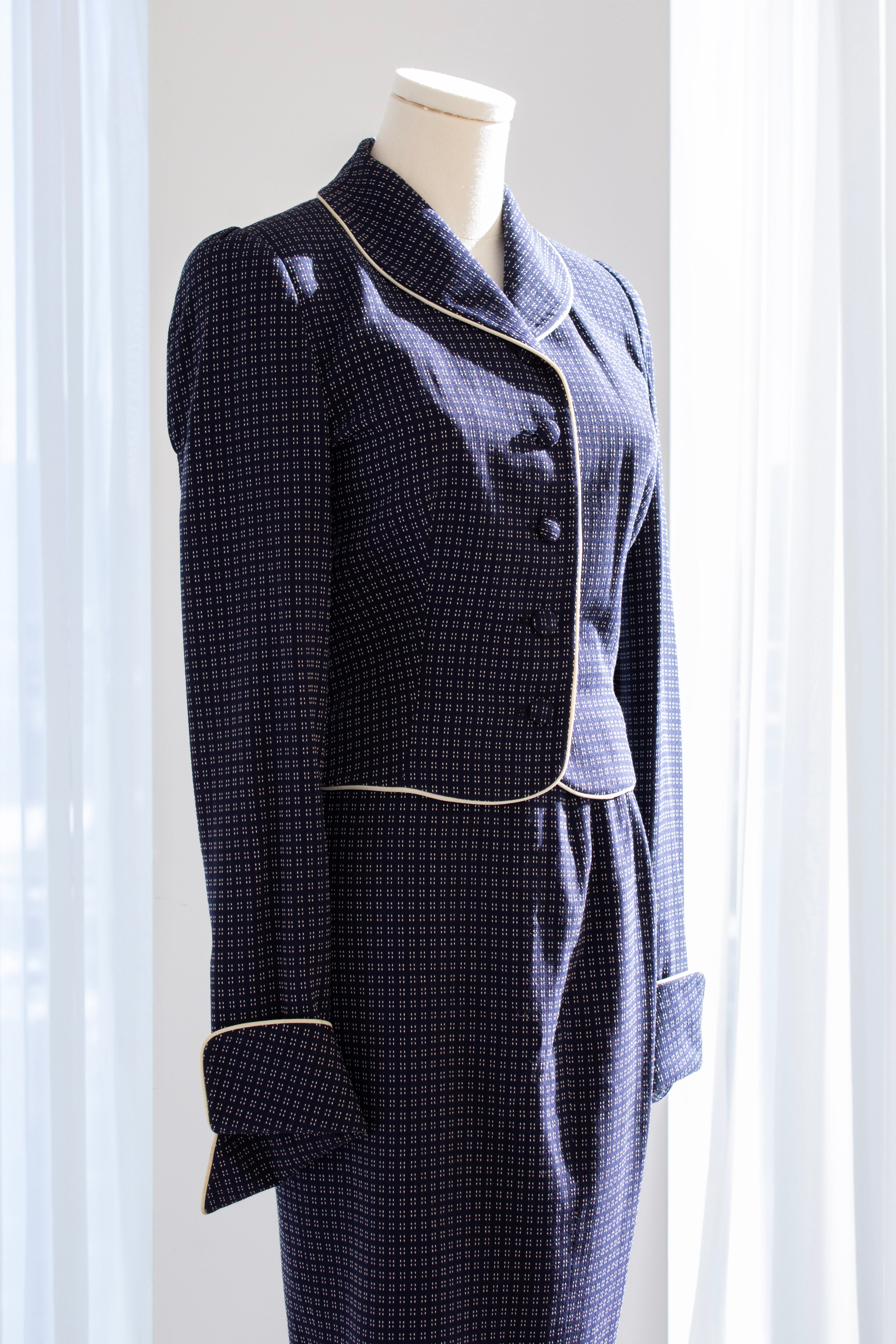Givenchy Couture by John Galliano S/S 1997 Navy White Dotted Jacket & Skirt Suit