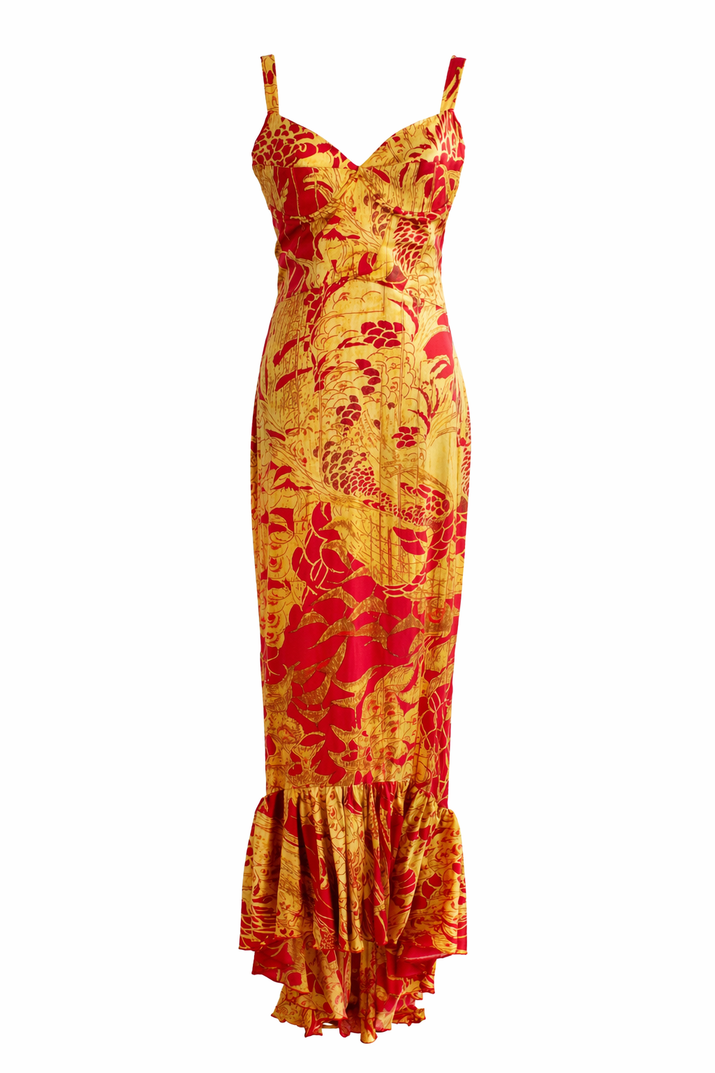 Just Cavalli Red & Gold Silk Oriental Japanese Print Maxi Dress