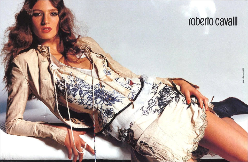 Roberto Cavalli S/S 2003 Vintage Amour and Tattoo Print Maxi Beige Dress