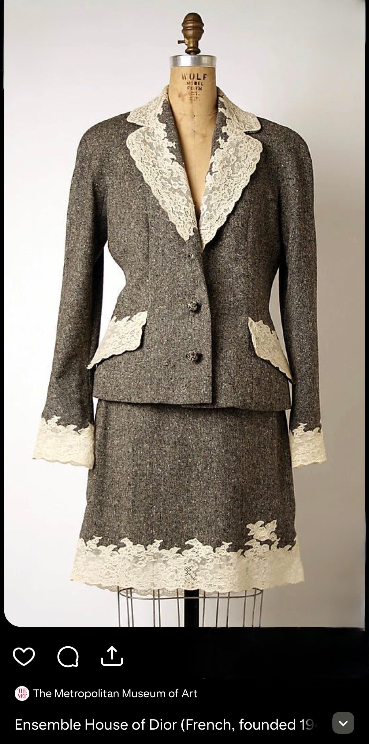 Christian Dior by John Galliano F/W 1998 Grey Tweed Calais Lace Jacket Skirt Suit