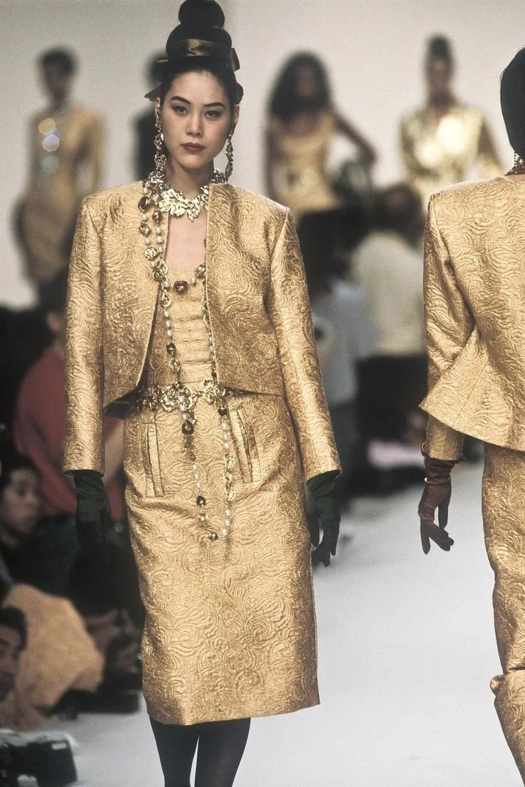 Yves Saint Laurent Rive Gauche Vintage F/W 1991 Gold Brocade Jacket Skirt Suit