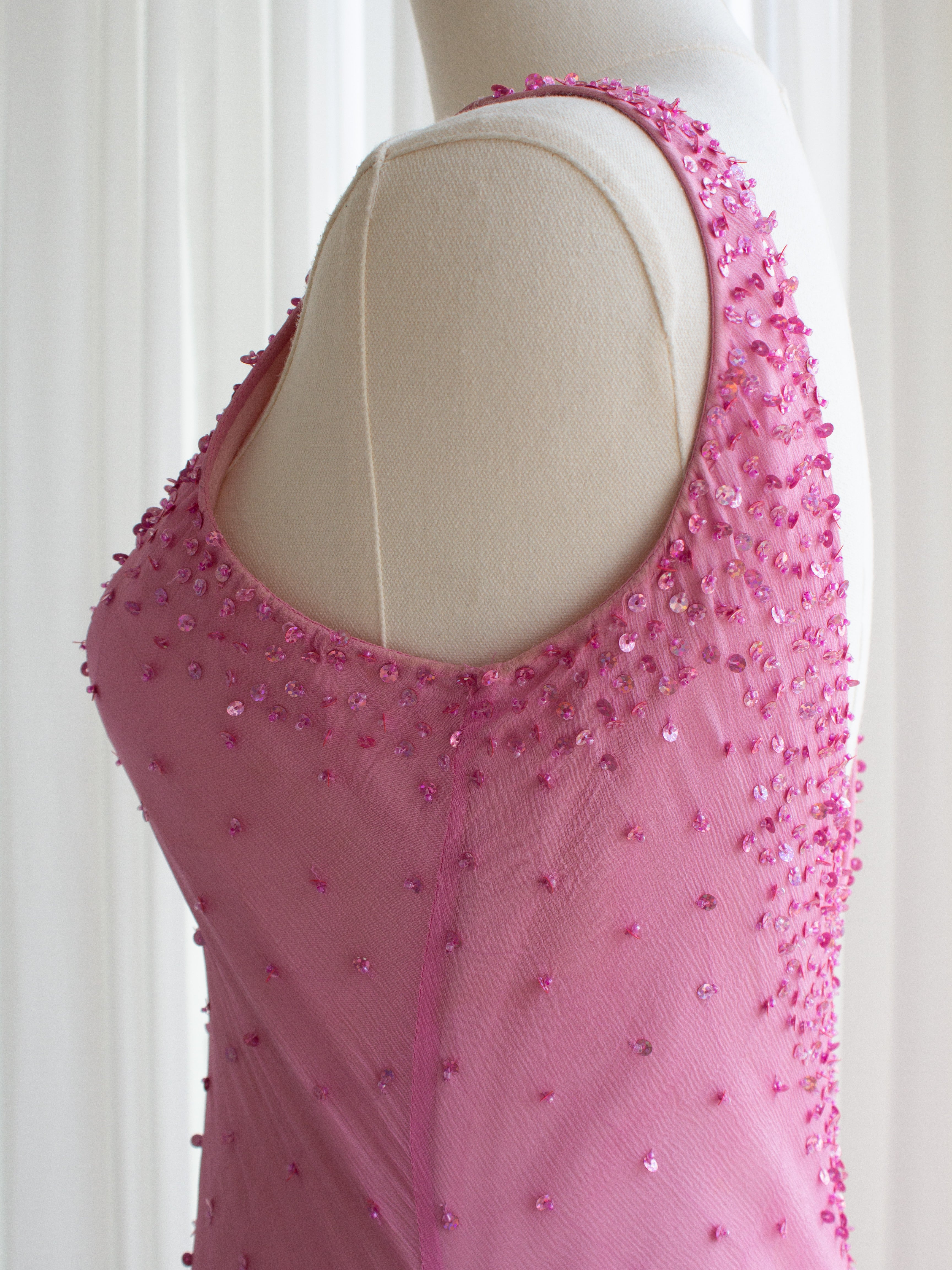 Italian Vintage Candy Pink Sequin Embellished Silk Mermaid Dress Gown