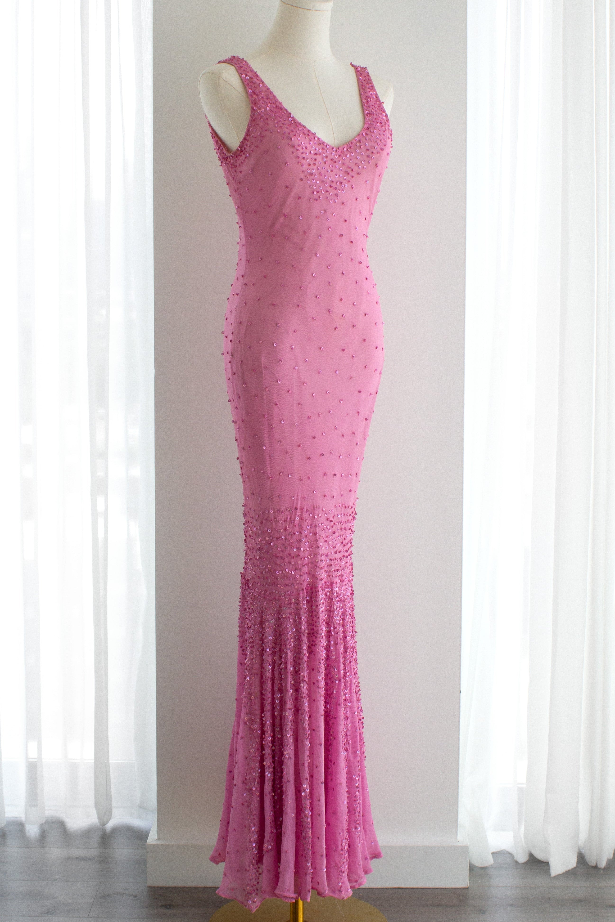 Italian Vintage Candy Pink Sequin Embellished Silk Mermaid Dress Gown